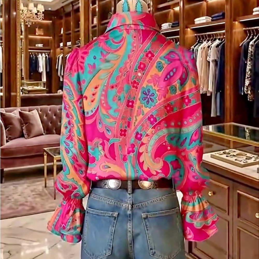 Vibrant Paisley Floral Print Long Sleeve Blouse - Pink and Turquoise - Picture 3 of 4